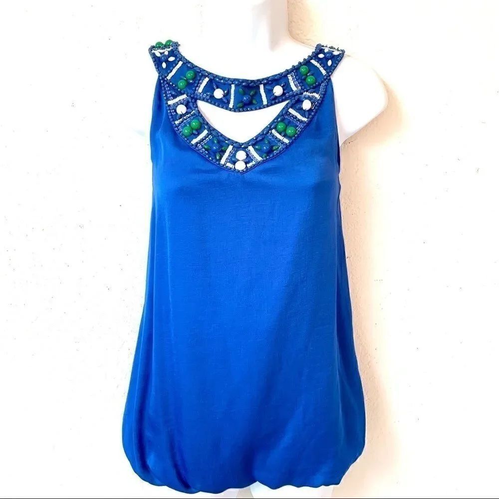 BCBG BLUE BEADED HALTER TOP